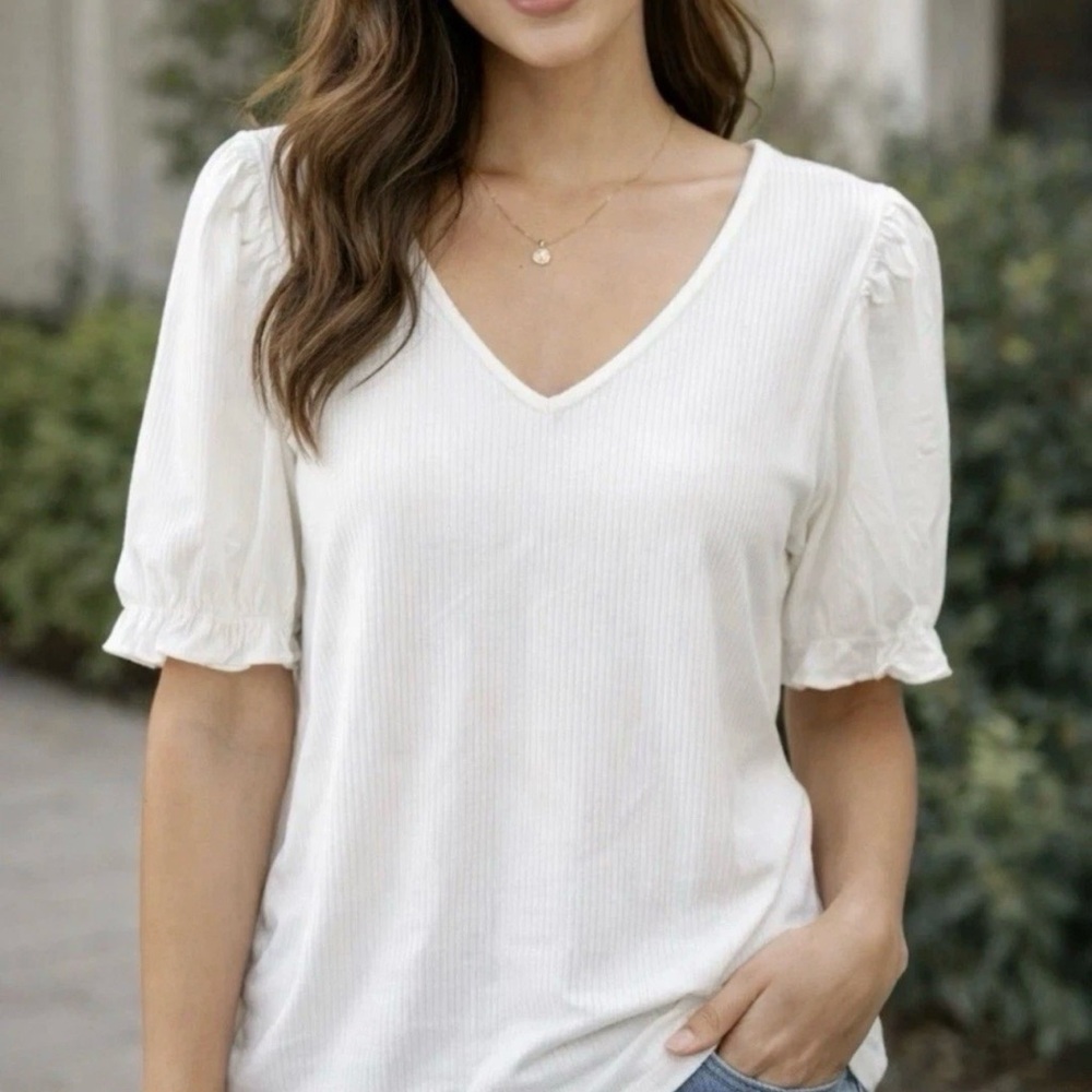 NEW Philosophy Women's Ribbed V-neck Puff Sleeve White Blouse Tee T-shirt Top